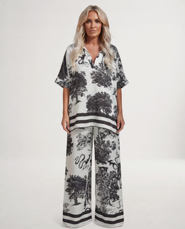 Women's Two Piece Set | Printed V-Neck Top & Flowing Pants, Lightweight Co Ord Set