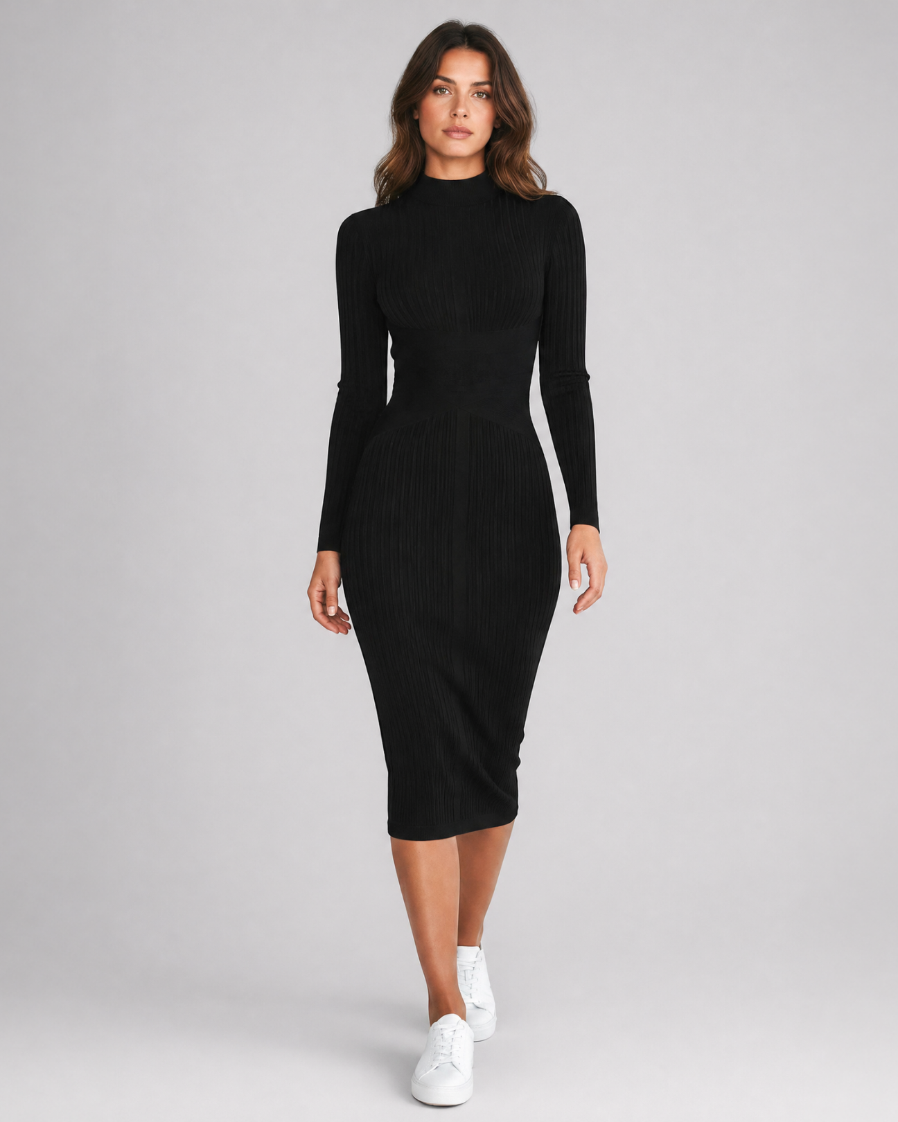 Womens Elegant Long Sleeve Bandage Midi Dress Bodycon Mock Neck Party Cocktail Dress