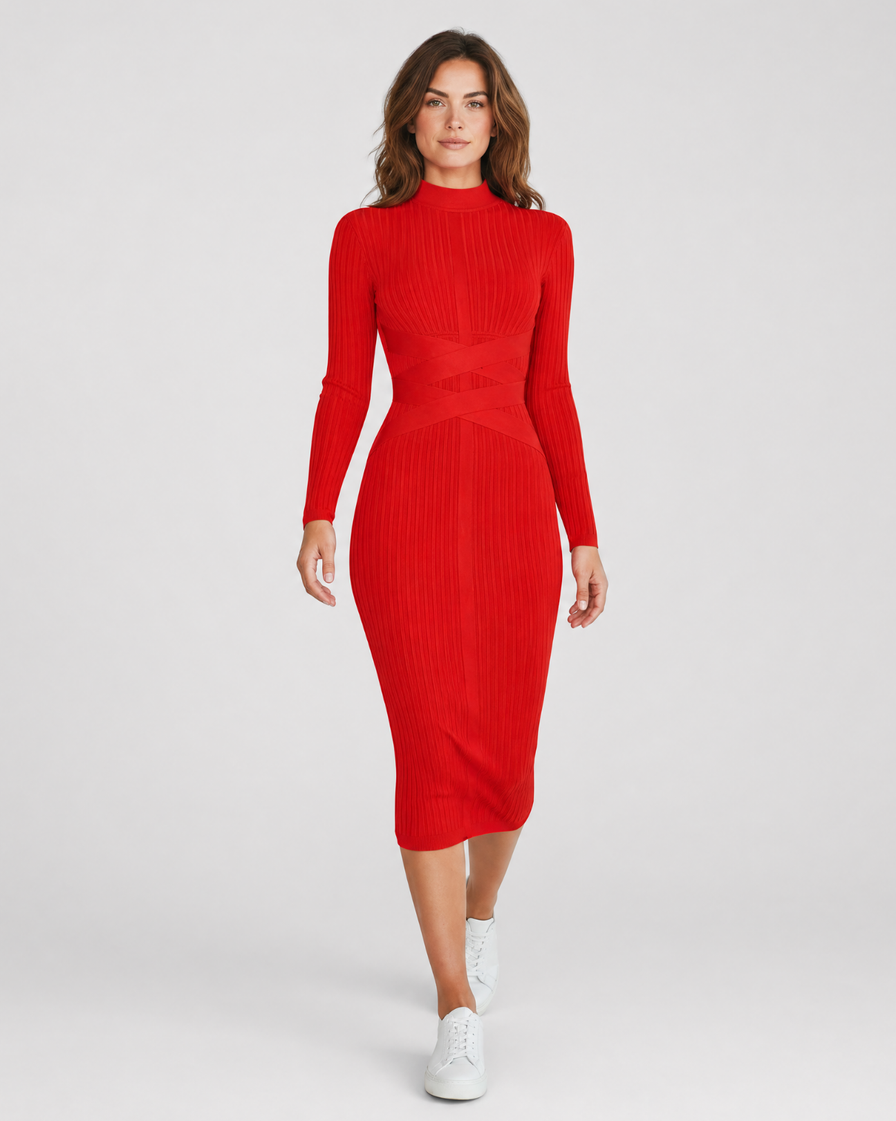 Womens Elegant Long Sleeve Bandage Midi Dress Bodycon Mock Neck Party Cocktail Dress