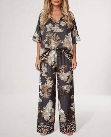 Women's Two Piece Set | Printed V-Neck Top & Flowing Pants, Lightweight Co Ord Set