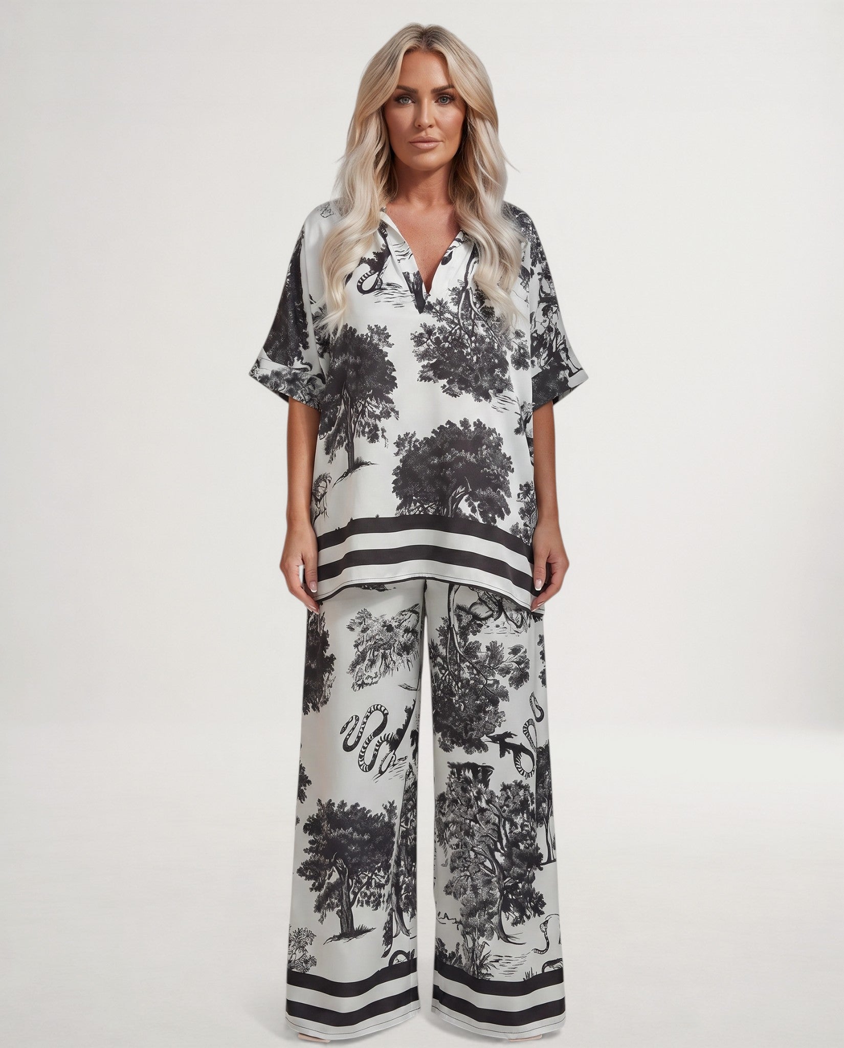 Women's Two Piece Set | Printed V-Neck Top & Flowing Pants, Lightweight Co Ord Set